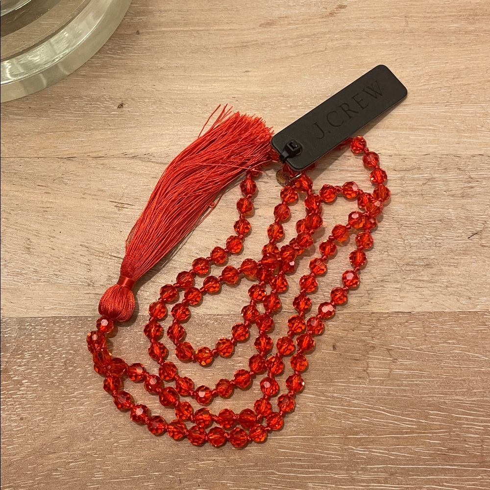 NWT J. Crew Red Beaded Necklace with Tassel Charm
